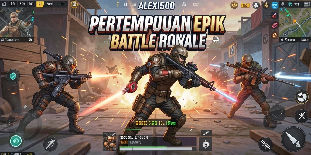 Tangkapan layar gameplay ALEXIS500 menunjukkan aksi Battle Royale yang intens.