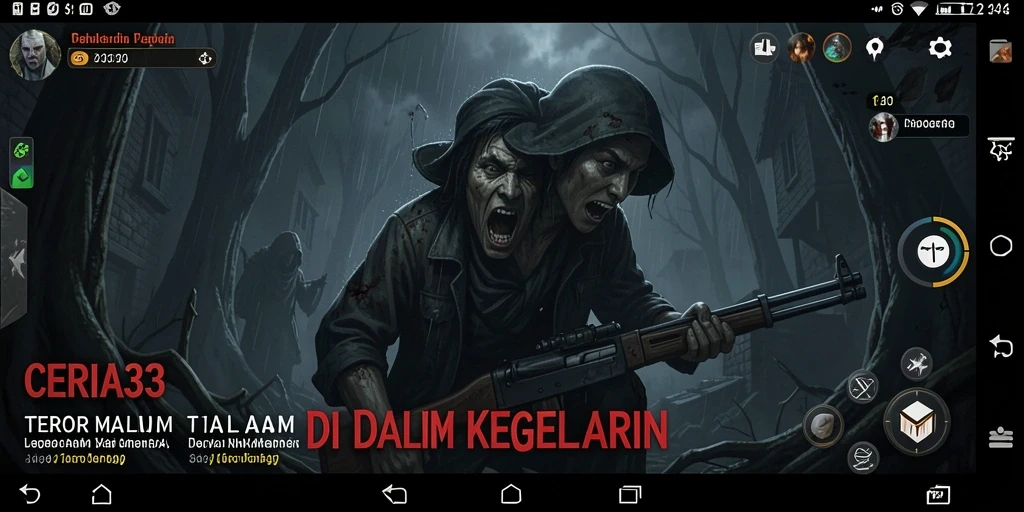 Tampilan gameplay CERIA33 dengan suasana mencekam dan karakter menakutkan.