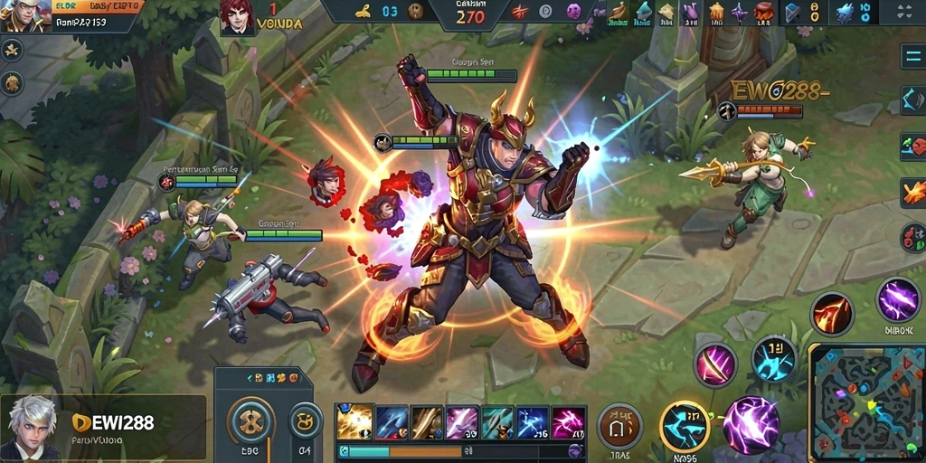 Tampilan penuh aksi dari game MOBA DEWI288 saat bertempur.