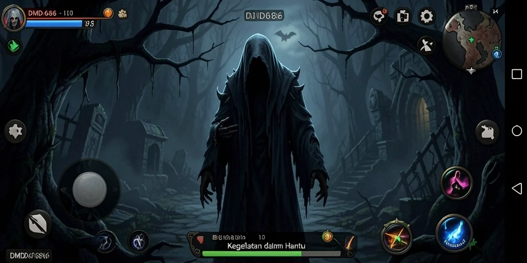Tampilan gameplay seram yang menggambarkan kegelapan dan horor.