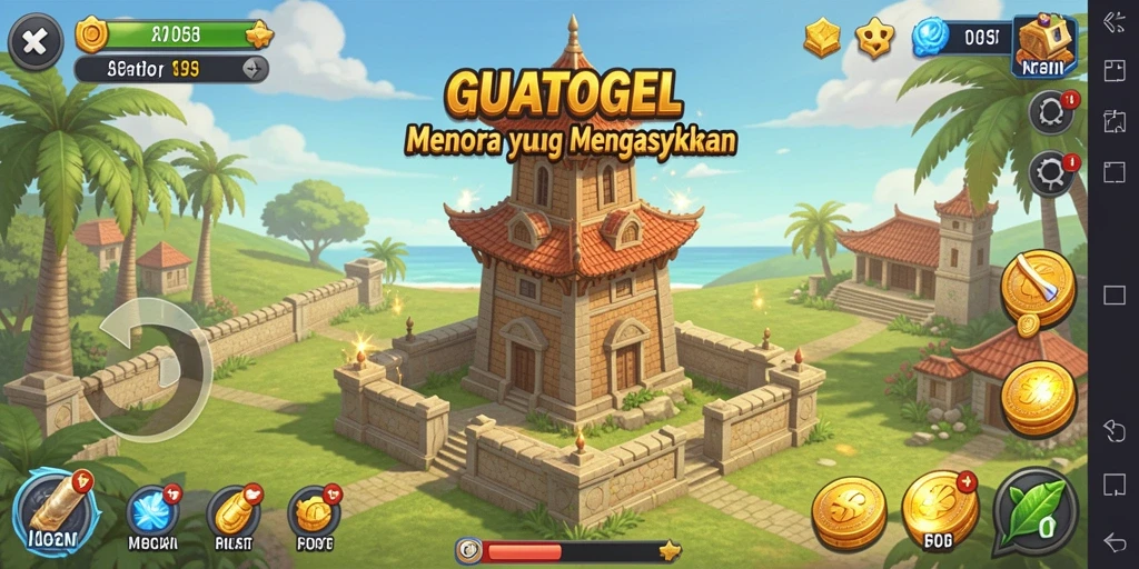 Tampilan gameplay GUATOGEL yang menarik dengan berbagai menara pertahanan.