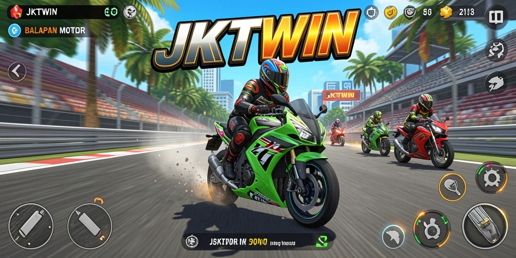 Gameplay seru dari JKTWIN dengan balapan motor yang mendebarkan.