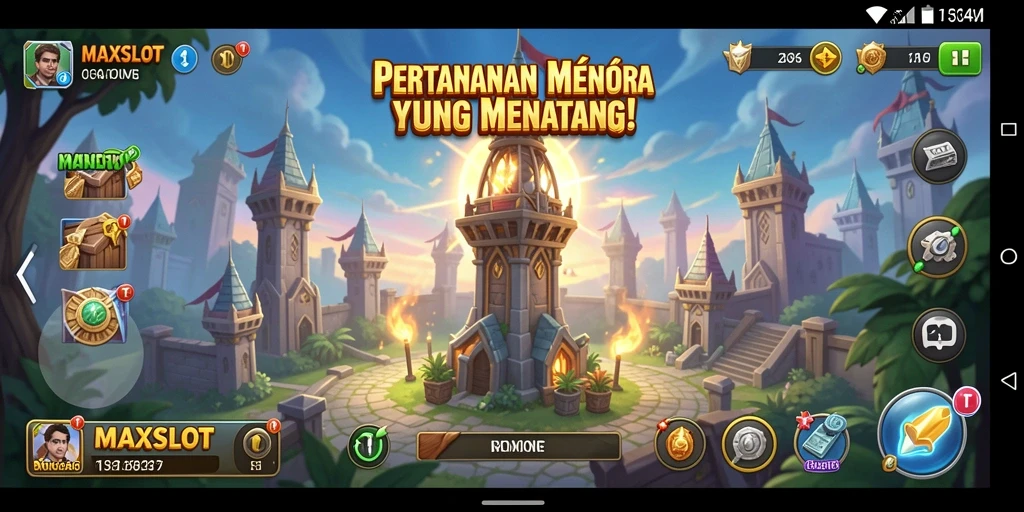 Tampilan gameplay MAXSLOT dengan menara dan musuh yang dinamis.