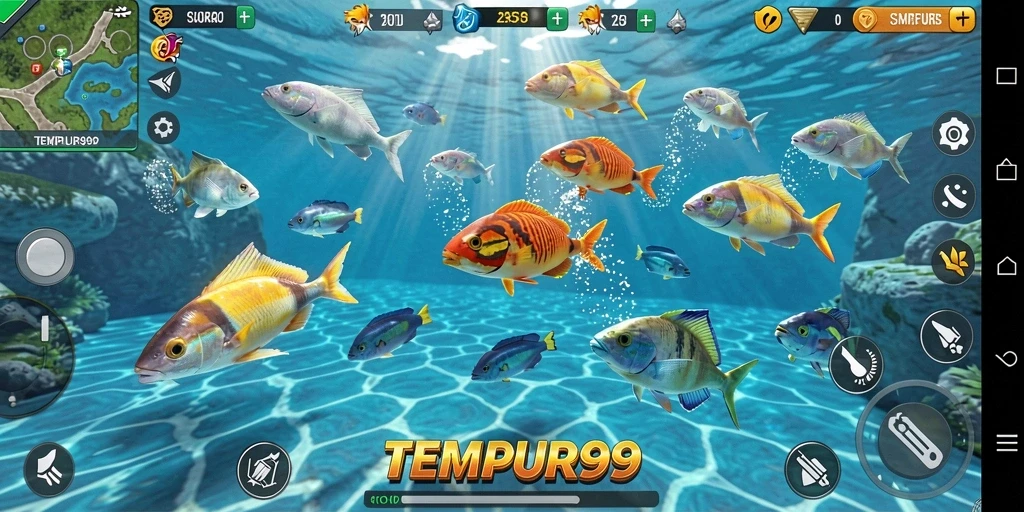 Screenshot gameplay TEMPUR99 menampilkan aksi seru menembak ikan.